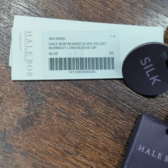 NWT Hale Bob Beaded Elisa Velvet Dress Burnout Long Sleeve Shift Blue Women's XS - Picture 11 of 14